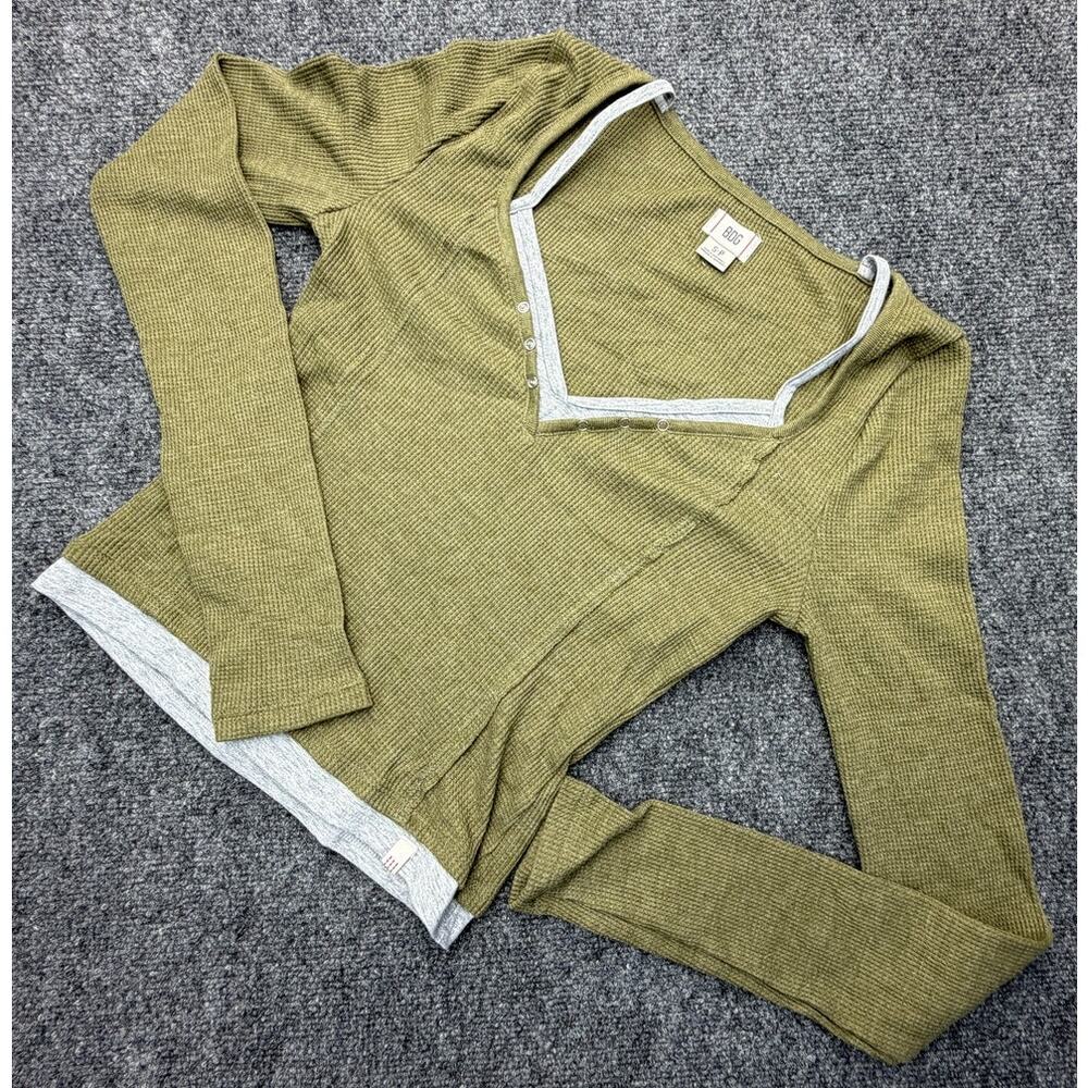 NEW- BDG Thermal Waffle Knit Snap Top Olive Green S-P